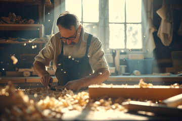 Skilled Craftsman Focused on Woodworking in a Sunlit Workshop Surrounded by Shavings - obrazy, fototapety, plakaty