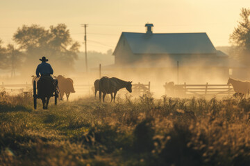 Cowboy Herding Cattle on a Misty Farm at Sunrise - obrazy, fototapety, plakaty