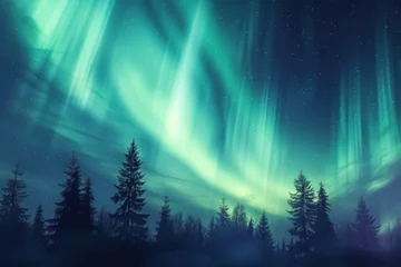 Selbstklebende Fototapeten aurora borealis in the forest © KirKam