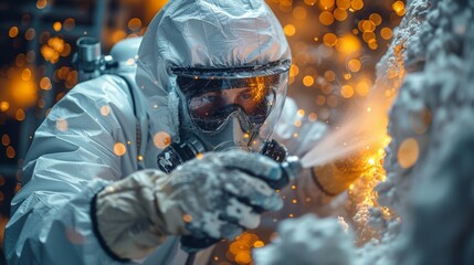 Man in White Suit and Protective Gear Working on Metal - Powered by Adobe
