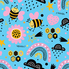 Funny cartoon bees, flowers and a rainbow. Children's seamless pattern.  Can be used for wallpaper, pattern fills, web page background,textile, postcards. - 759006616