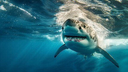 Great White Shark Approaching in Clear Blue Waters