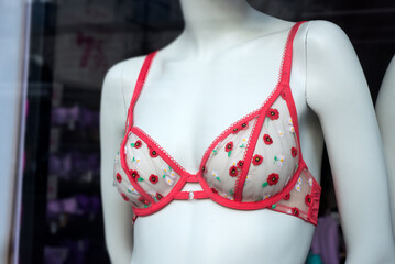 Closeup of  printed flowers on red bra on mannequin in a fashion store showroom