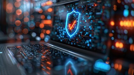 Cybersecurity Shield Icon on a Laptop Screen - obrazy, fototapety, plakaty
