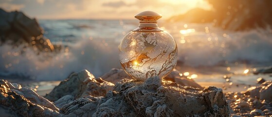 luxurious perfume bottle with golden and marble textures sitting atop a rough natural stone. - obrazy, fototapety, plakaty