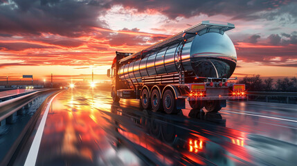 Rear view of big metal fuel tanker truck in motion shipping fuel to oil refinery - obrazy, fototapety, plakaty