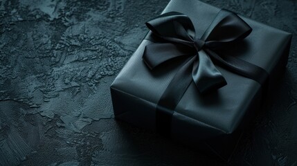 Top view a gift box wrapped in black paper with black bow isolated on dark background. AI generated - obrazy, fototapety, plakaty