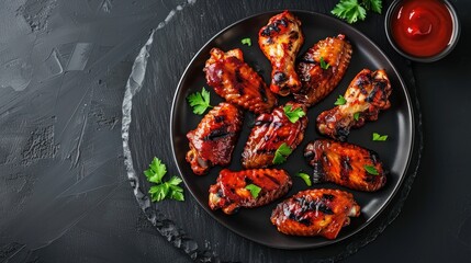 Tasty grilled chicken spicy with ketchup on a black plate. top view dark background. AI generated