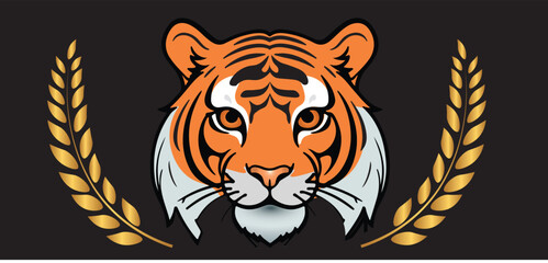 tiger face vector illustration on black background with golden leaf 
