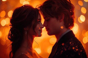 A couple shares a tender moment in close-up with golden light casting a warm glow around them