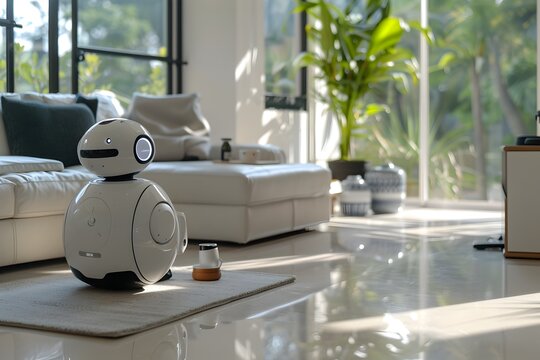 3d rendered of AI robot standing in the living room at home, artificial intelligence concept