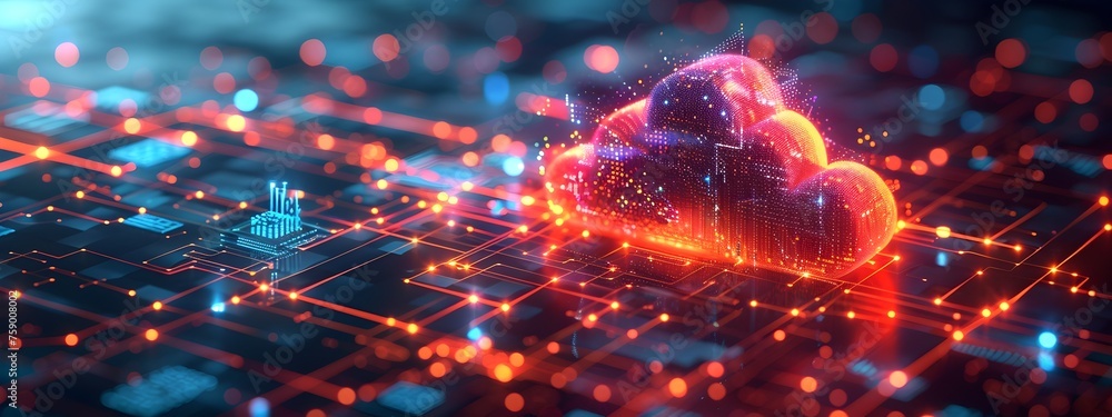 Poster cloud computing. 3d isometric illustration of an abstract cloud on top of the main chip, surrounded 