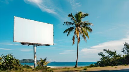 blank billboard on side of an empty road and sea with palm trees and blue sky in background, copy space for your text message or media content, advertisement, commercial and marketing concept