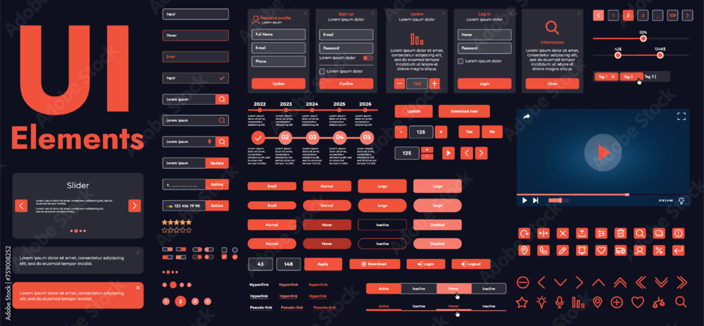 Poster A set of modern web interface elements designed for the development and design of websites and mobile applications. Includes buttons, icons, menus, navigation elements and slyder.