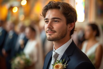 A dapper young groom with a boutonniere stands thoughtfully at a wedding ceremony, with guests in the background - obrazy, fototapety, plakaty