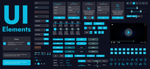 A set of modern web interface elements designed for the development and design of websites and mobile applications. Includes buttons, icons, menus, navigation elements and slyder.