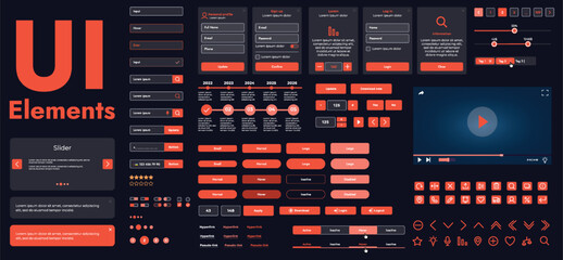 A set of modern web interface elements designed for the development and design of websites and mobile applications. Includes buttons, icons, menus, navigation elements and slyder.