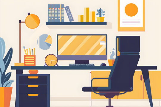 illustration graphic design of modern office space with workstation furniture and digital tools in the style of technology based art, digital marketing, business home office concept