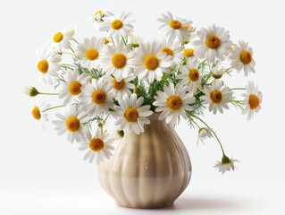 vaso di fiori bianchi tipo margherita o camomilla su sfondo bianco scontornabile