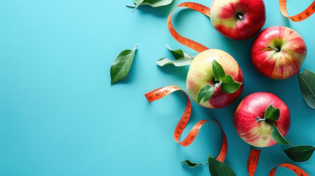 Red apple with measuring tape for weight loss or diet on blue background. AI generated image