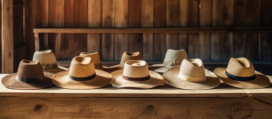 Straw hats displayed over a wooden table