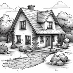 Small cartoon house surrounded by trees, coloring book for children