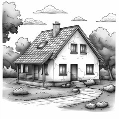 Small cartoon house surrounded by trees, coloring book for children