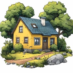 A small yellow cartoon house surrounded by trees.