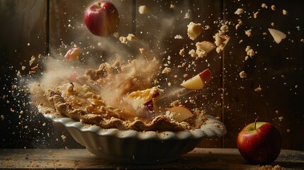 n explosion of apple pie pieces, with crumbs and fruit chunks flying through the air
