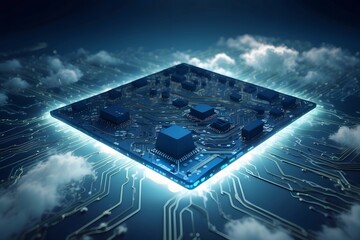 A computing circuit board on sky surrounded by clouds. cloud computing or server concept