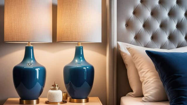 3D rendering. close up of blue ceramic lamp on nightstand near bed with cream colored fabric headboard and blue pillow and duvet. French country, provence modern bedroom interior design