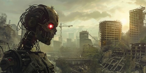 Fototapeta premium Cyborg zombie with red eyes in a ruined cityscape apocalypse dawn