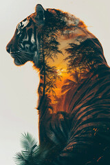 Silhouette of Tiger with double exposure