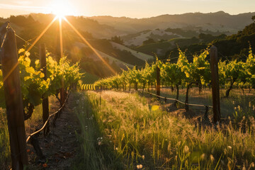 Sunrise over Lush Vineyard Landscape