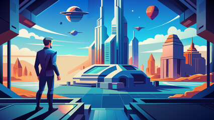 A sci-fi scene of a man looking at a technologically advanced building
