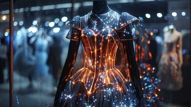 A statement dress with interactive LED panels that can display customizable digital patterns and images, allowing the wearer to express their creativity and personality,