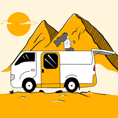illustration of people drinking coffee in a van while looking at a mountain view in the afternoon