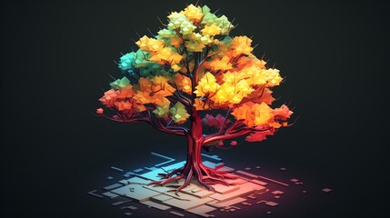 A 32-bit isometric tree with a dynamic color palette each pixel shimmering as if alive