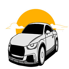 illustration of a gray car on a white background and a sun with clouds