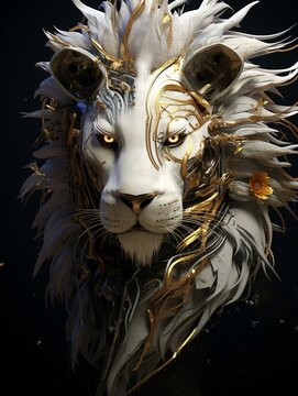 Create a 3D lions head with octavo color palette incorporating ethereal light effects for a surreal look