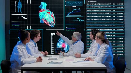 Pharmaceutical research company planning. Multiethnic doctors and scientists having meeting with heart diagnosis data visual graphic on big digital screen. - Powered by Adobe