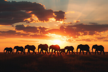 Silhouetted elephant herd walking at sunset ideal for travel and nature themes. - obrazy, fototapety, plakaty