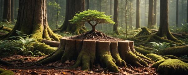 A tree grows from a stump with bright green moss. The warm glow of sunlight penetrates through the trees,