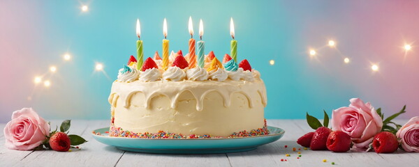 a beautifully decorated birthday cake with vibrant multi-colored frosting and lit candles. Simple plate, surrounded by a scattering of colorful sprinkles, against a soft pastel pink background