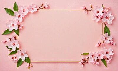 A graceful arrangement of sakura blossoms forming a border on a soft pink backdrop.