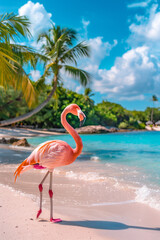 Single pink flamingo standing on a tropical beach, ideal for travel and tourism themes.