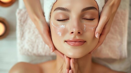 Girls in spa getting facials, Woman in mask on face in spa beauty salon, Relaxed woman receiving a facial treatment with a mask being applied to her face by a spa therapist 