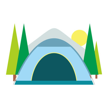 Camping tent outdoor trees sun mountain nature image cartoon vector illustration