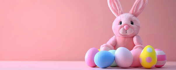 Fototapeta premium Cute fluffy stuffed pink bunny rabbit with easter eggs on pink background copy space illustration