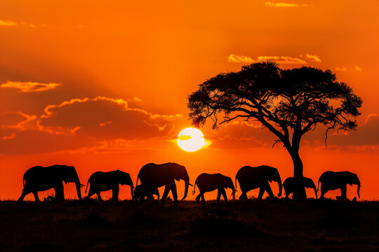 Silhouette of a herd of elephants walking at sunset in savannah.